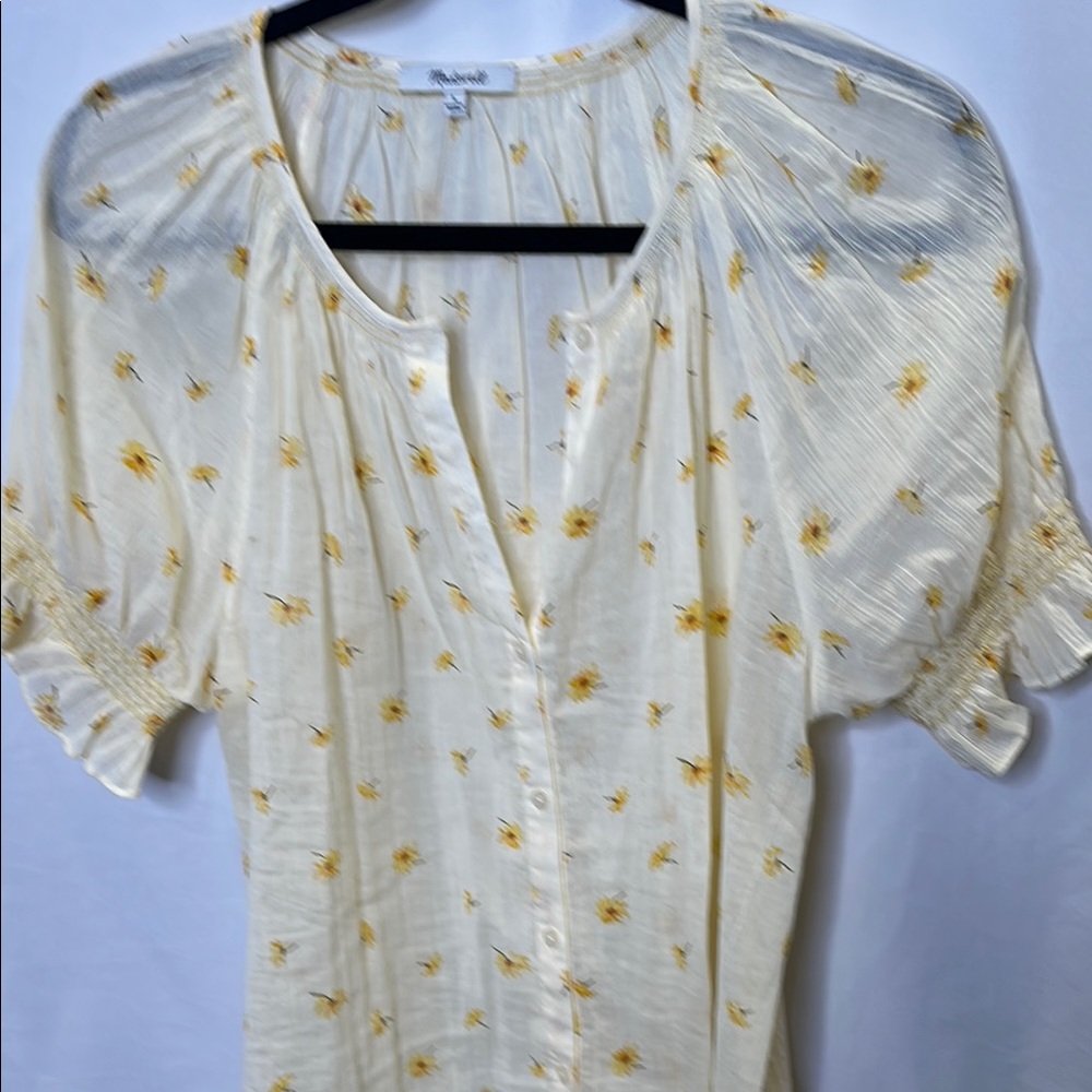 Madewell Cream Short Sleeve Floral Button Front Blouse - Picture 8 of 8